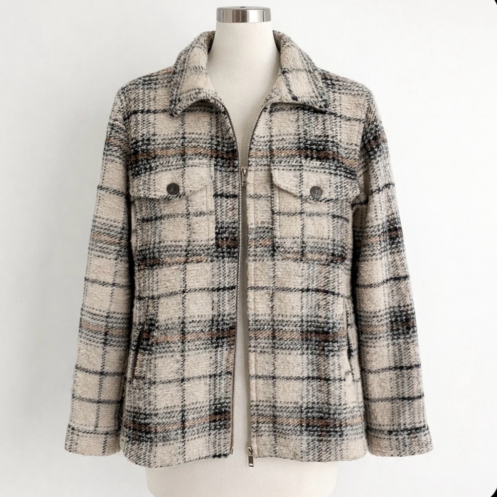 Joie Plaid Wool Blend Jacket Coat Zip Front Neutral Check Size Small - Picture 2 of 7